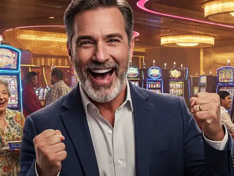 Overjoyed man in suit celebrating a big win at Maharlika Play Casino slot machines.