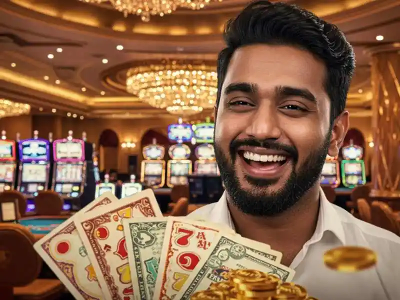 Smiling man holding bundles of cash and gold coins in a casino