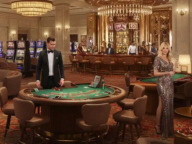 A man in a tuxedo and a woman in an evening gown inside a luxurious Maharlika casino, surrounded by table games, slot machines, and a chandelier-lit bar