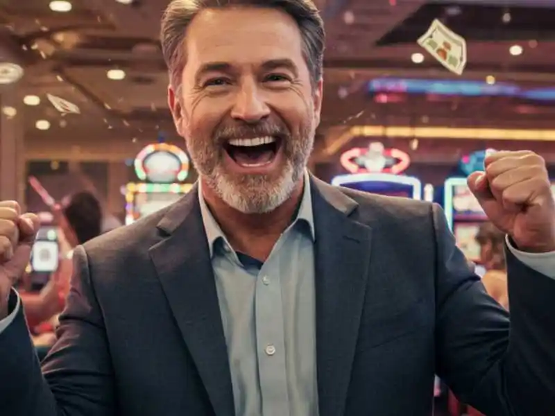Smiling man in a suit celebrating a win at Manila 888 Casino with money falling in the background.