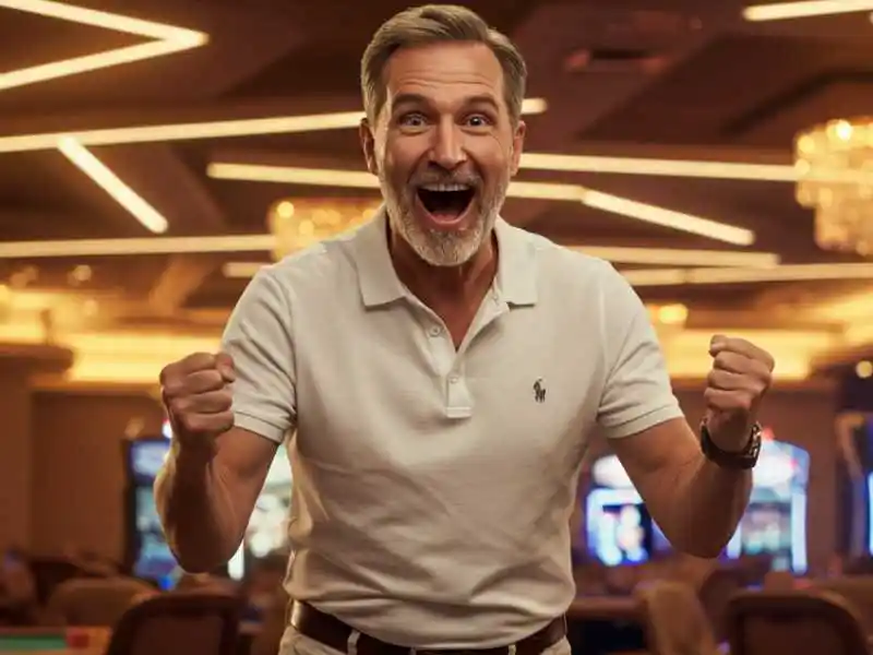 Excited man celebrating a big win at Manila 888 Casino Online with slot machines in the background