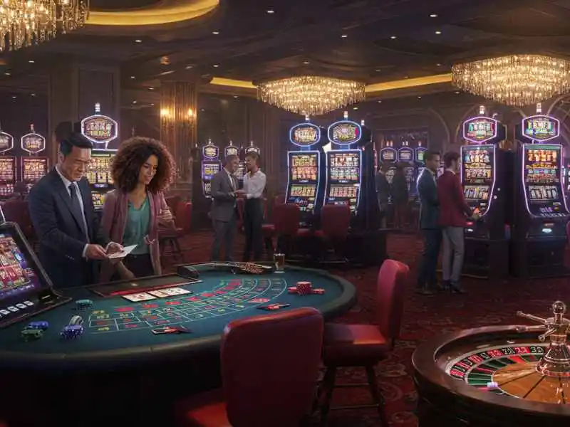 Couple at live roulette table with slot machines in the background at MWPlay888 Casino