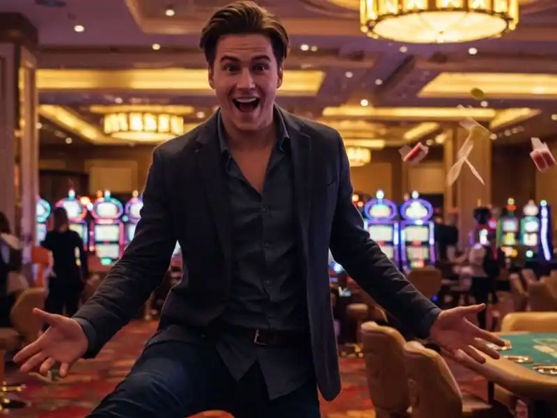Excited man reacting to a big win inside mwplay888.com casino with slot machines and money in the air.