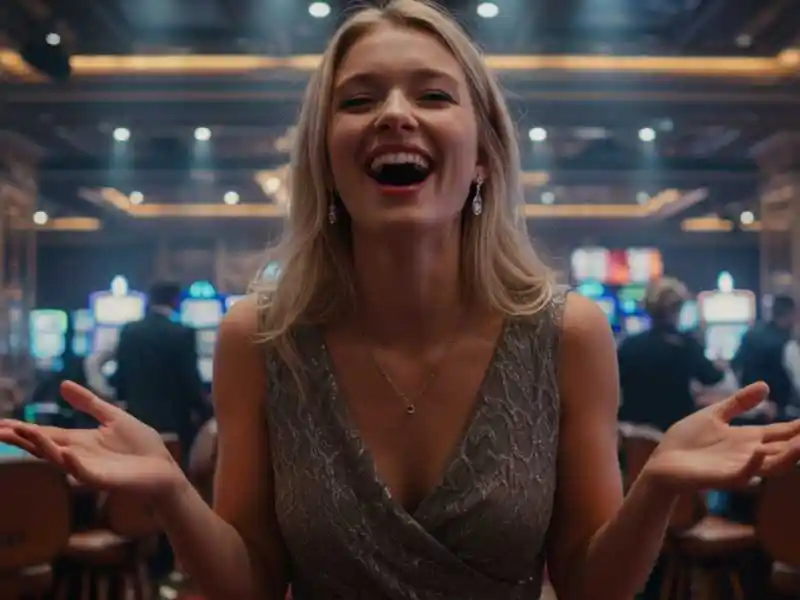 Joyful woman in an elegant dress reacting to a big win at Sugar Bang Bang slot machines.