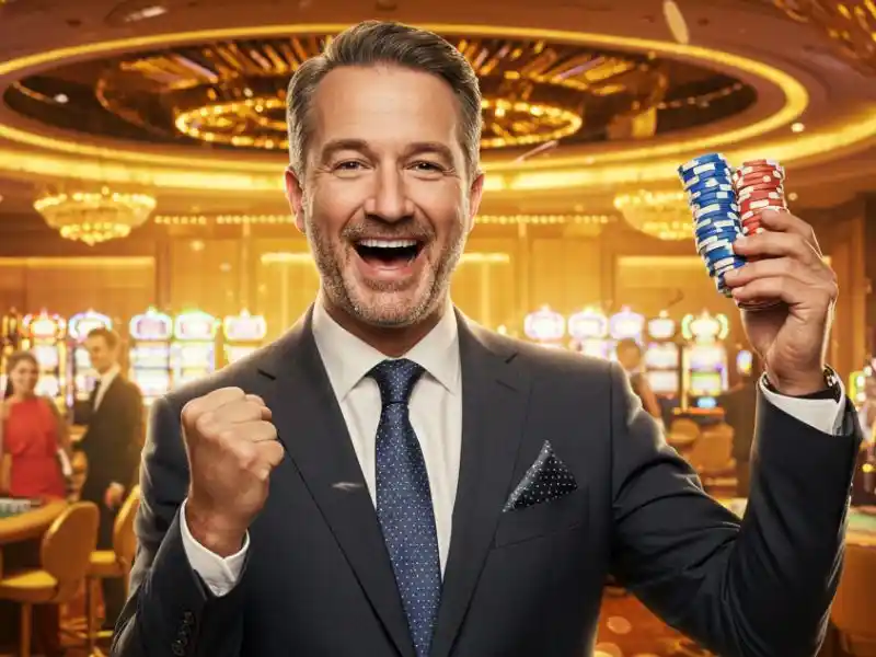 Confident man in a suit holding poker chips and smiling after logging into tmt play casino.