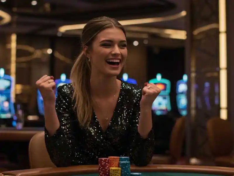 Excited woman celebrating a win at the card table inside TMTPlay Casino Online.