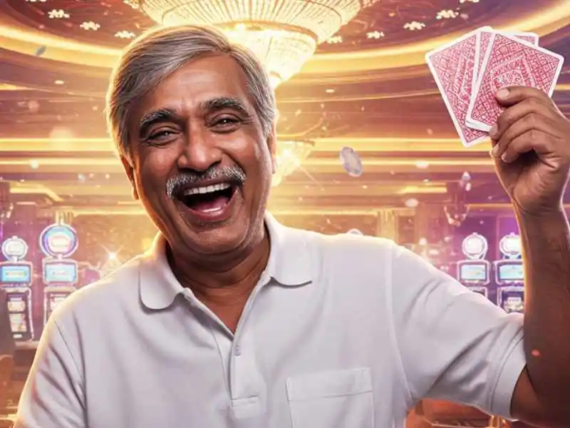 Older man holding up winning cards with a proud smile in a casino