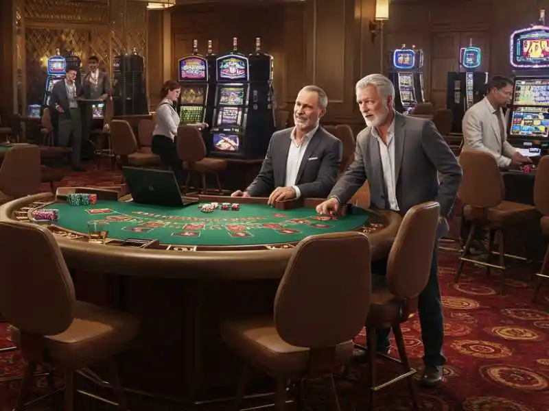 Two confident men playing blackjack at Zeus Ph Online Casino surrounded by slot machines