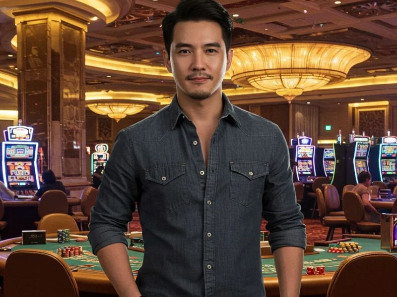 Man in denim shirt standing at casino with free spins slots