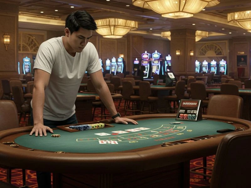Man inspecting table before betting near free spins slots