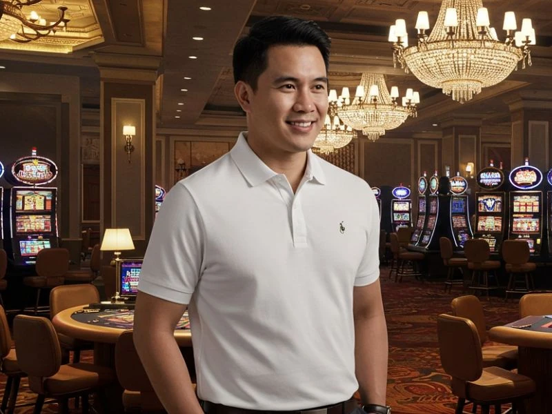 Smiling man standing by slots after winning free spins