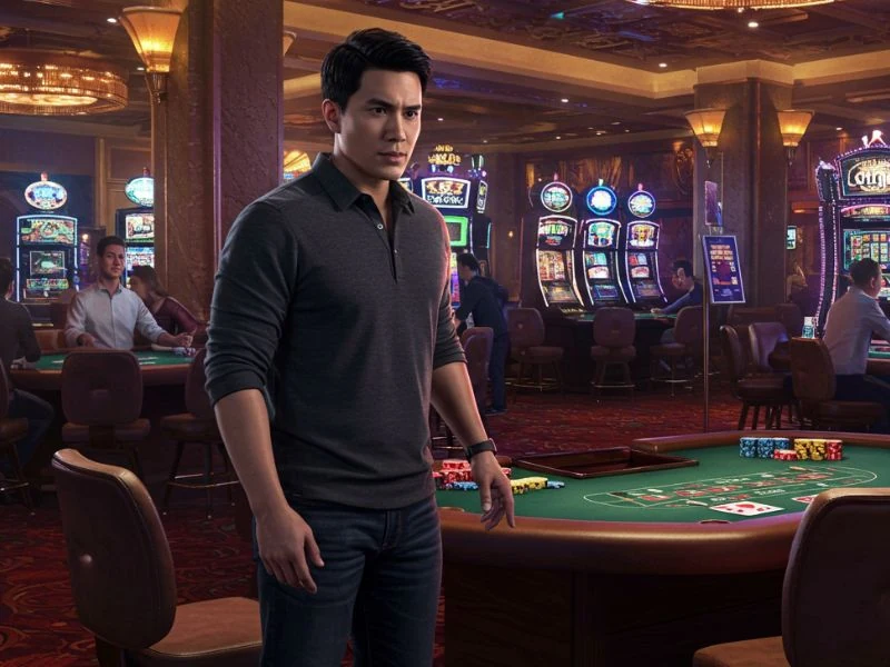 Stylish man walking through slot machines at Bmy888 Net