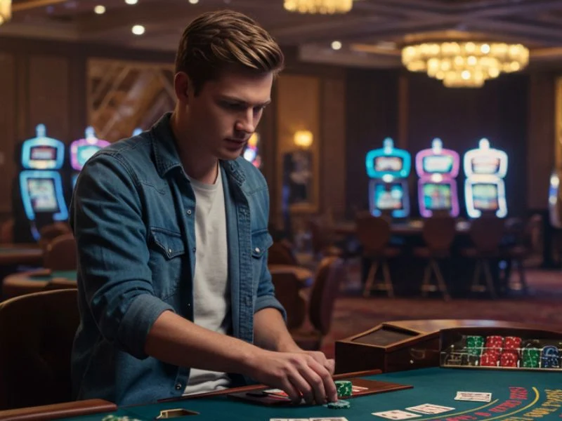 Young man focused on cards at Casino Filipino