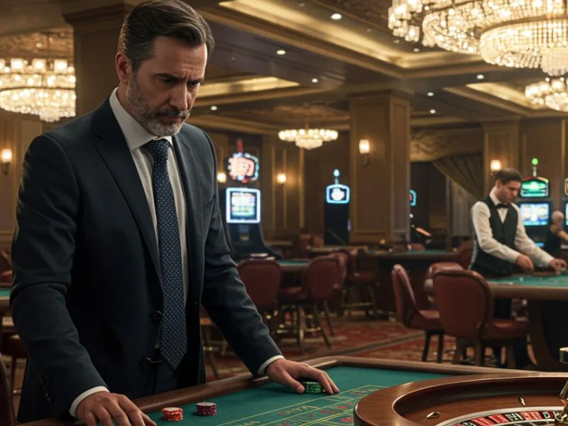 Man in a suit betting at Casino Filipino high-stakes table