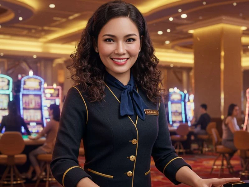 Female casino host smiling at Extreme Gaming 88 floor