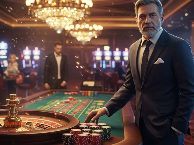 Suited man standing confidently at Game Club PH roulette table