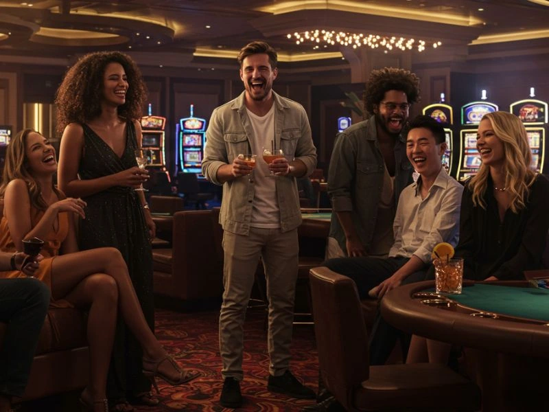 Mixed group posing and smiling near Meter Slot machines