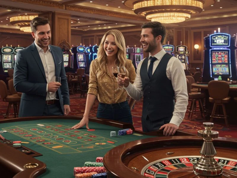 Happy group enjoying roulette near Meter Slot machines