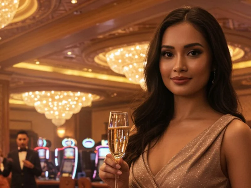 Close-up of a smiling woman inside a casino with meter slots