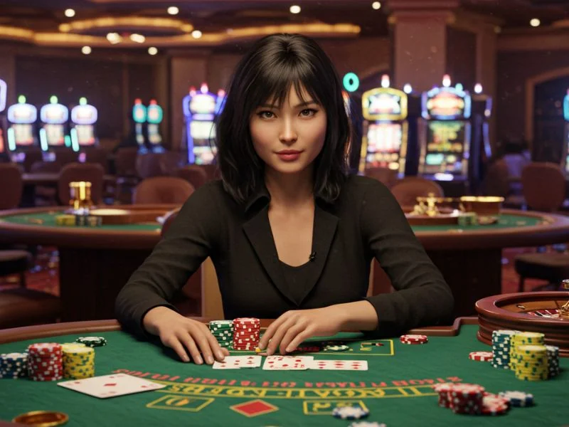 Confident woman playing blackjack at a casino table, surrounded by chips and cards, representing the winning thrill of Mwplay 88 Net.