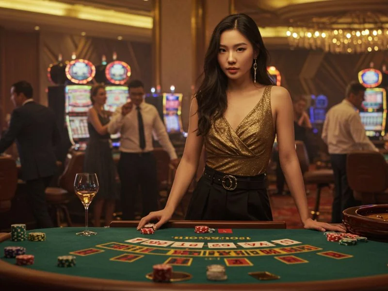Elegant woman in a gold top standing confidently in a luxury casino, showcasing the upscale experience of Mwplay 88 Net.