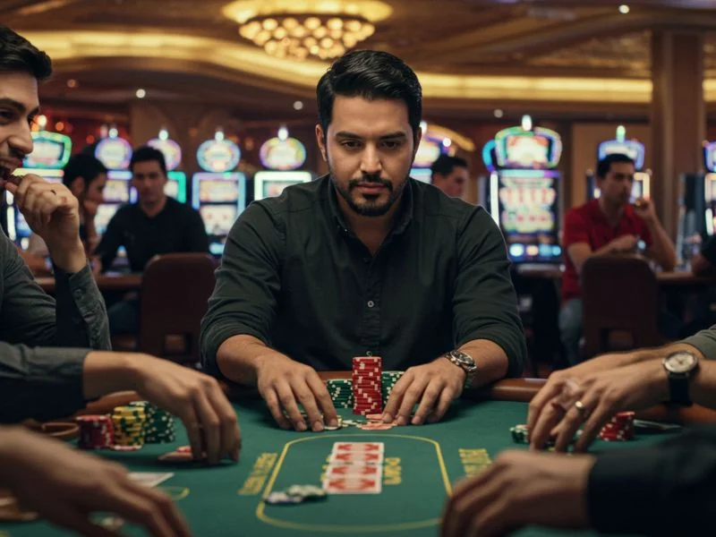 Serious man playing poker at a busy casino table, reflecting the high-stakes gaming action at Mwplay 88 Net.