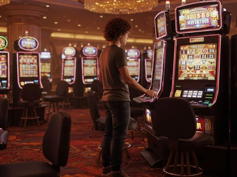 Man standing in front of slot machine at Mwplay 888 Net-themed casino
