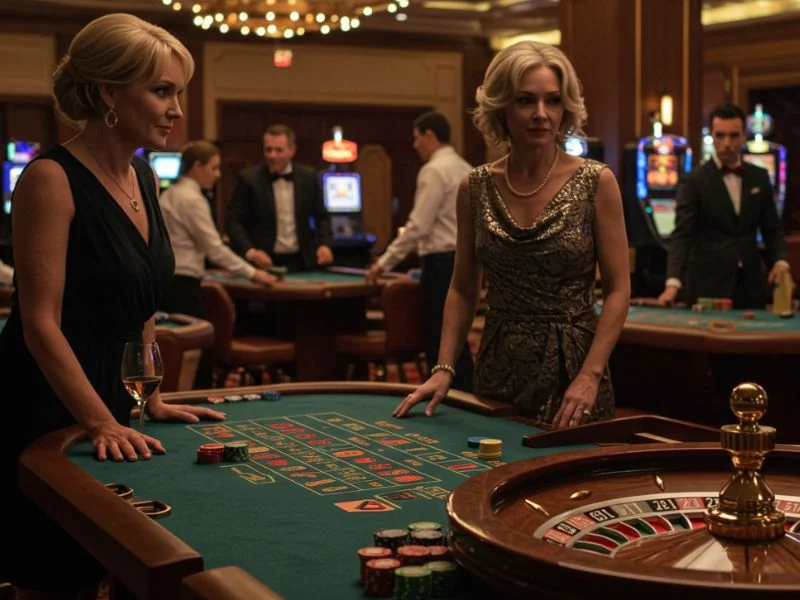 Two elegant women standing at a roulette table in a luxury casino, showcasing the refined gaming experience of Mwplay888 Casino Online.