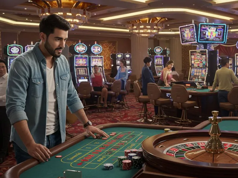 Man standing at a roulette table in a lively casino, focused on placing his bet—capturing the thrill of Mwplay888 Casino Online.