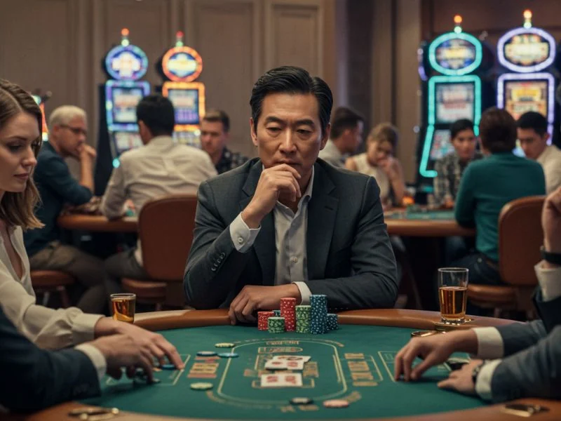 Focused man at a poker table surrounded by other players in a casino, portraying the strategic gameplay at Mwplay888 Casino Online.