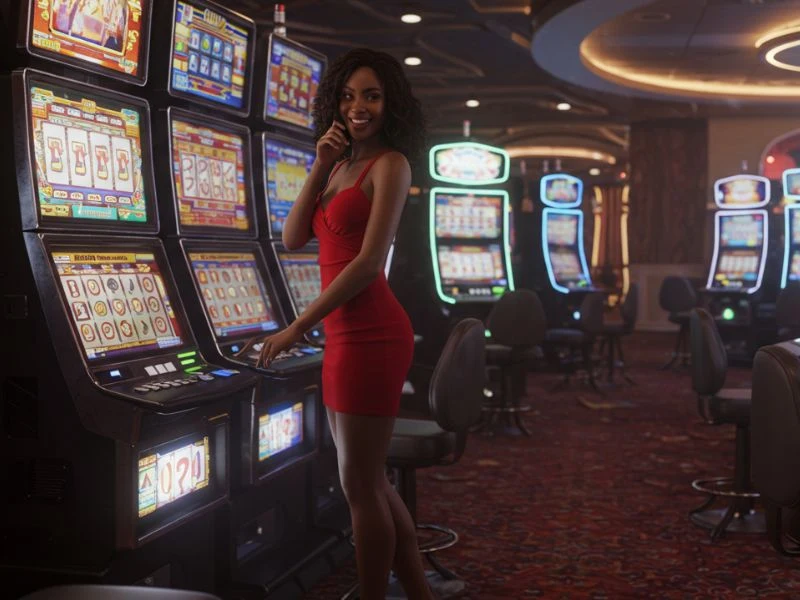 Woman in red enjoying slots after ph gameclub register account