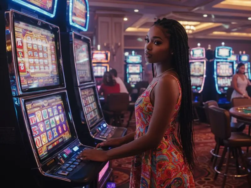 Woman in colorful dress playing slot machine