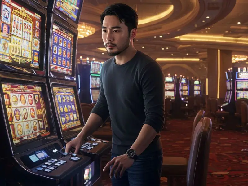 Young man playing slots at a TMT PLAY online-themed casino
