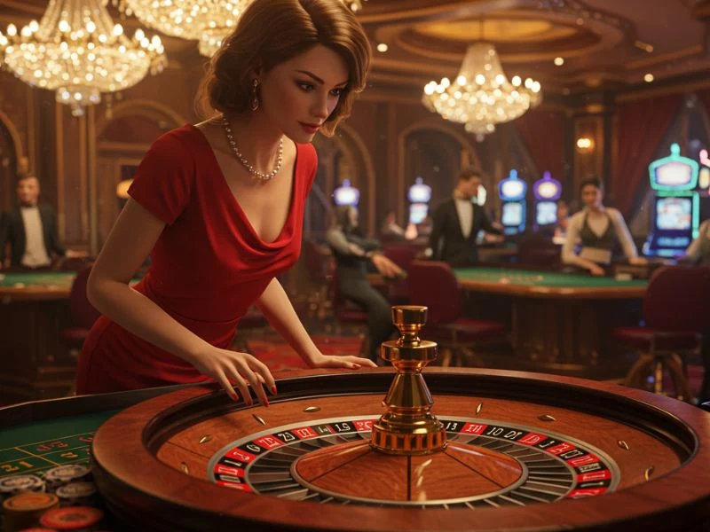 Woman in red playing roulette at Tmtplay Online Casino