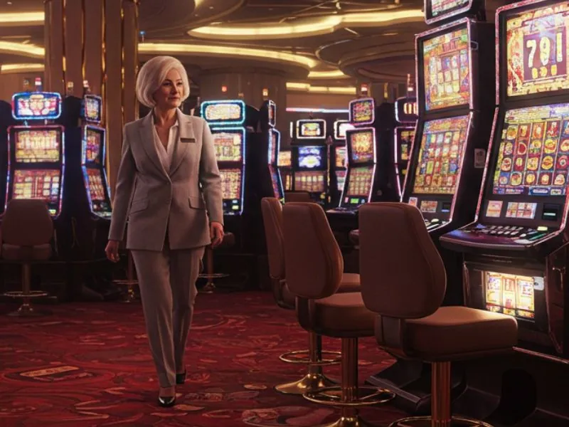 Woman in white suit walking through slot machine aisle at www.extreme gaming88.com login