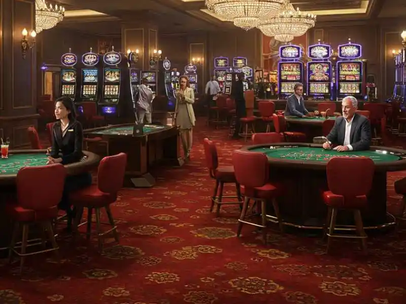 Casino staff and players waiting at empty tables with slot machines in the background, representing Bmy888 Net Online’s 24/7 availability.