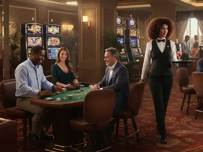 Group of people enjoying a card game at a casino table while a waitress serves drinks, reflecting the lively vibe of Bmy888 Net Online.