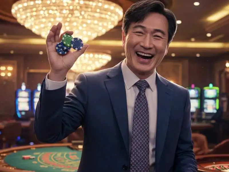 Man in suit holding casino chips while smiling in front of a Monopoly-themed casino table

