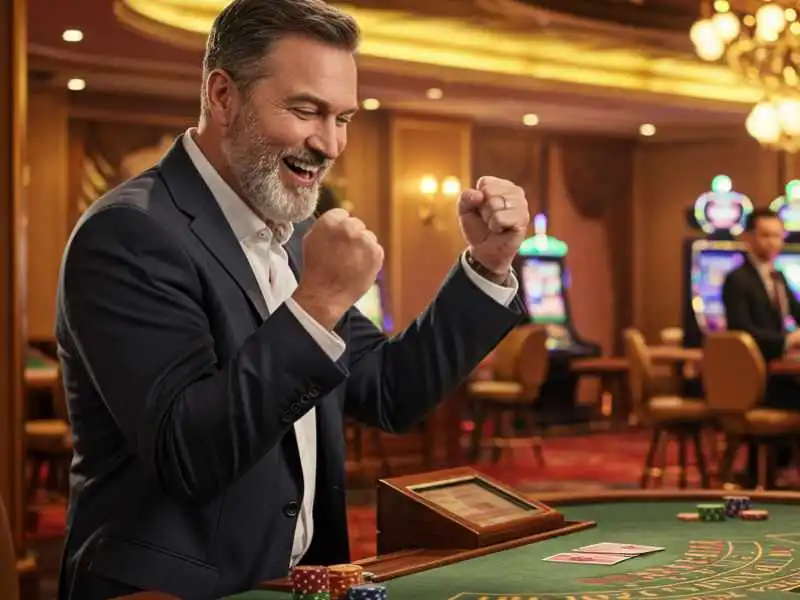 Excited man in suit celebrates a big win at a Monopoly-themed casino table

