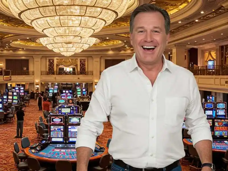 Smiling man in a white shirt standing confidently in a luxurious casino with slot machines and chandeliers, representing MWPlay online