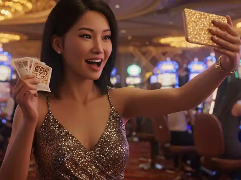 Excited woman in a glittery dress taking a selfie while holding winning cards in a casino, reflecting the fun of MWPlay online.