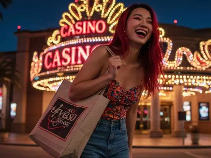 Young woman smiling with a shopping bag in front of a brightly lit casino, representing Zeus PH casino vibe
