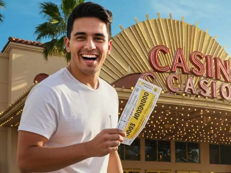Young man smiling and holding a winning ticket outside a grand casino with Zeus PH branding