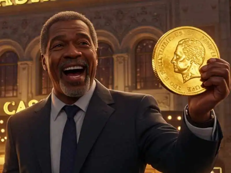 Smiling man in a suit holding a giant golden coin in front of a grand casino, symbolizing a big Zeus PH win