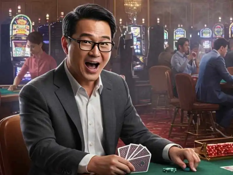 Excited man holding playing cards at a casino table with slot machines in the background, capturing the winning thrill of MWPlay888 Online Casino.