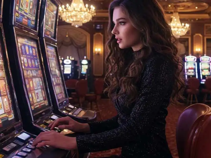 Elegant woman in a black dress playing slot machines under chandeliers, showcasing the luxury gaming vibe of MWPlay888 Online Casino.
