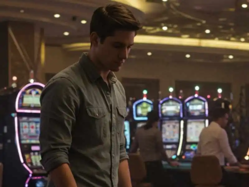 Man in a denim shirt standing thoughtfully in front of slot machines, reflecting the immersive gaming vibe of MWPlay888 Online Casino.