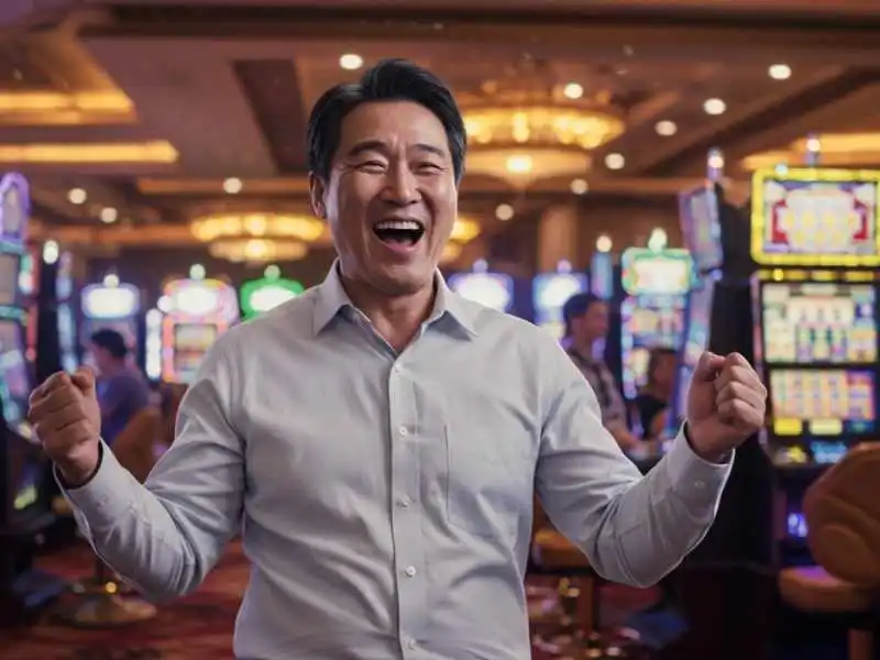 Smiling man celebrates a big win at TMTPlay.net slot machine