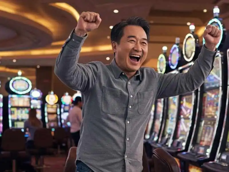 Happy man raising fists in victory after winning on TMTPlay.net slots