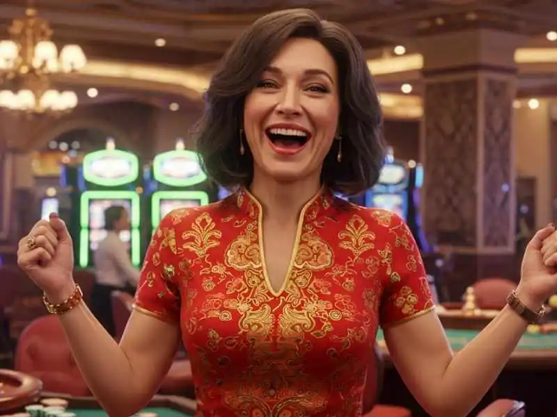 Woman in red traditional dress celebrating a win on TMTPlay.net casino platform